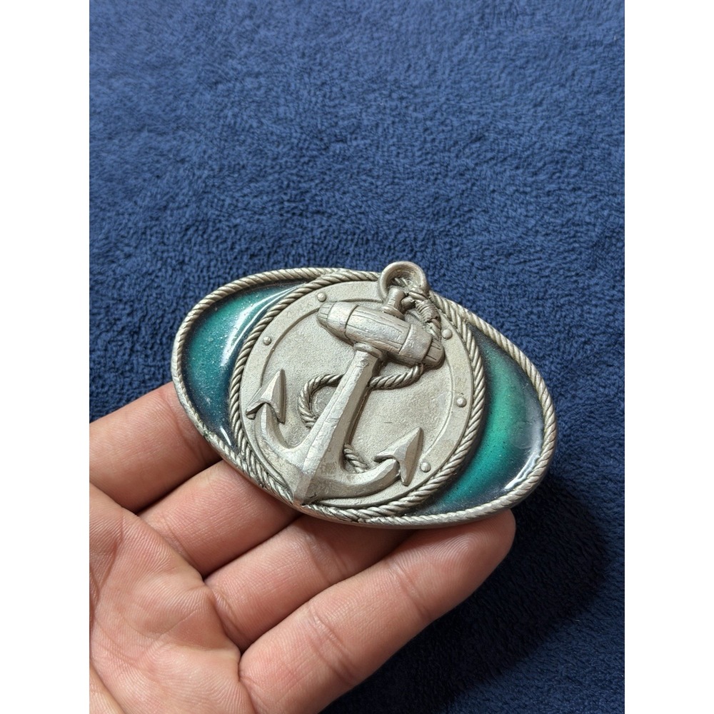 Vtg 1996 Anchor Aqua Blue Belt Buckle Nautical Maritime Enamel 4403